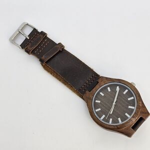Wood Men's Watch 44MM Brown Dial Case Brown Leather‎ Bands New Battery